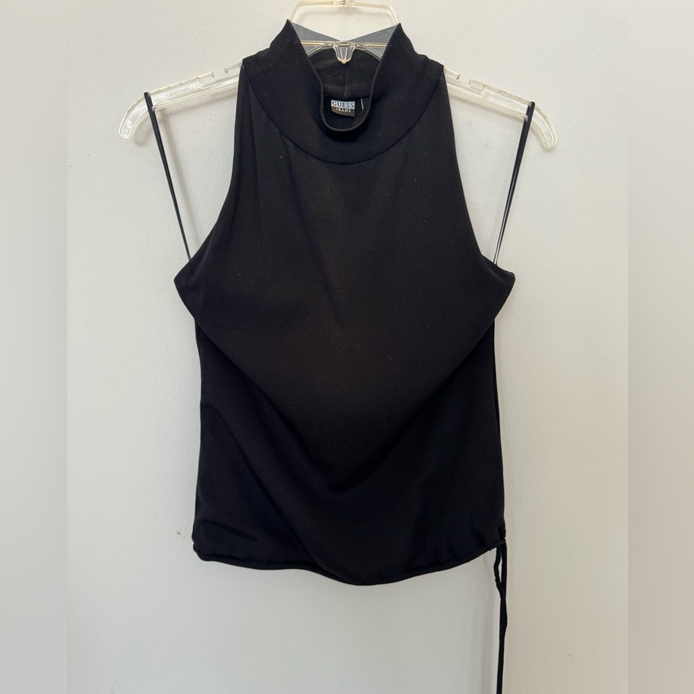GUESS Sleeveless Mock Neck Pullover Top Nylon Black Sheer Stretchy Tie Waist L